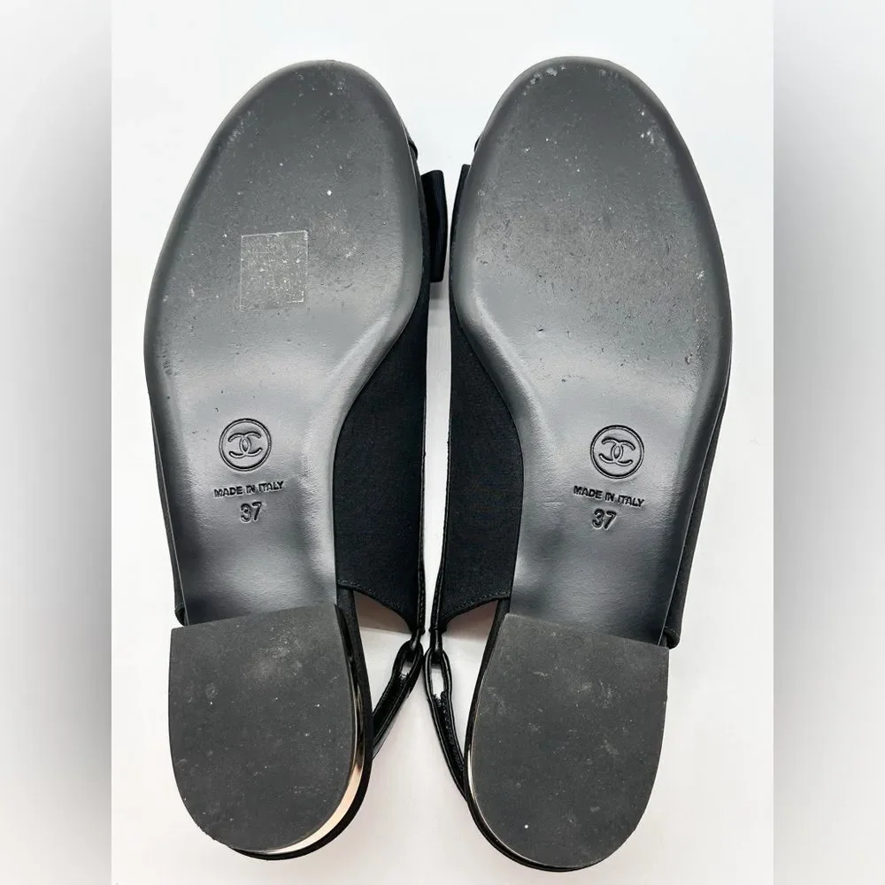 Chanel 2024 CC Logo Black Bow Grosgrain Slingback Ballerina Flats EU 37